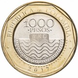 Аверс биметаллической монеты Колумбии: в центре номинал 1000 PESOS, под которым стилизованные волны. По внешнему кольцу сверху надпись REPÚBLICA DE COLOMBIA, снизу указан год 2017. Вдоль края центрального диска текст CUIDAR EL AGUA (беречь воду).