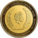 Аверс монеты Монтсеррат: золотистая монета, в центре профиль королевы Елизаветы II, обрамленный двумя лавровыми ветвями. Вдоль верхнего края надпись EASTERN CARIBBEAN CENTRAL BANK. Снизу имя QUEEN ELIZABETH II, номинал TEN DOLLARS и проба металла 1 OZ .9999 GOLD.